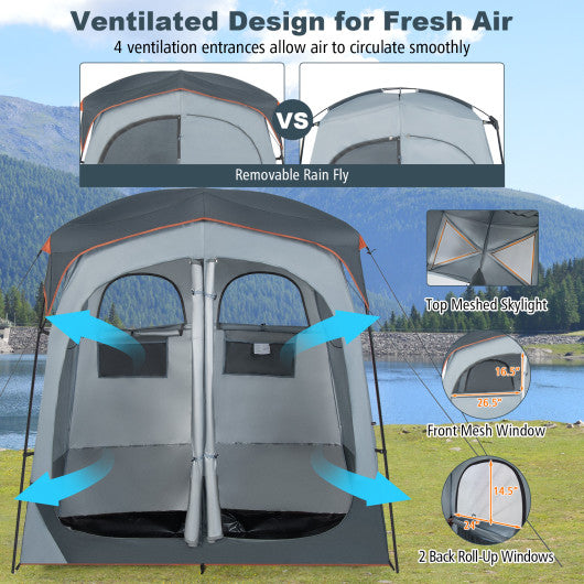 2 Rooms Oversize Privacy Shower Tent with Removable Rain Fly and Inside Pocket-Gray