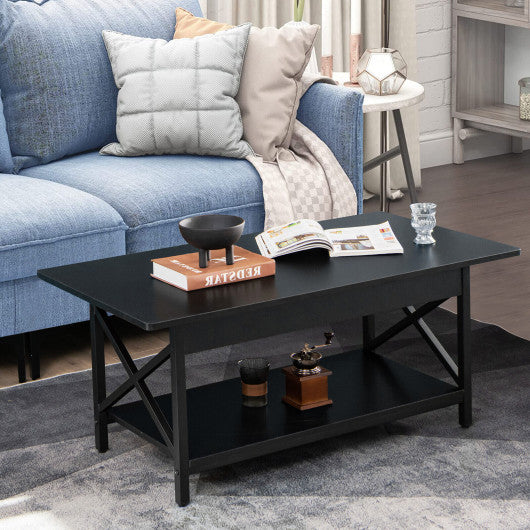 2-Tier Industrial Rectangular Coffee Table with Storage Shelf-Black