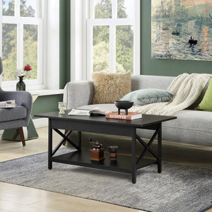 2-Tier Industrial Rectangular Coffee Table with Storage Shelf-Black