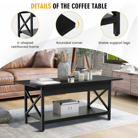 2-Tier Industrial Rectangular Coffee Table with Storage Shelf-Black