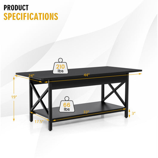 2-Tier Industrial Rectangular Coffee Table with Storage Shelf-Black