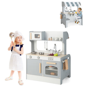 Double Sided Kids Pretend Kitchen Playset with 2-Seat Cafe-Gray