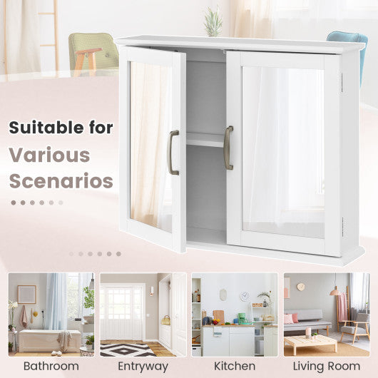 2-Tier Bathroom Wall-Mounted Mirror Storage Cabinet with Handles-White