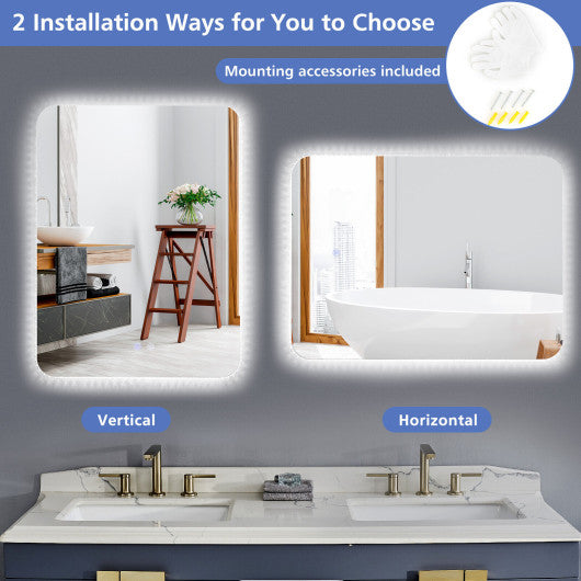 32 x 24 Inch Shatterproof Wall Mirror with 3-Color Lights and  Anti-Fog Function