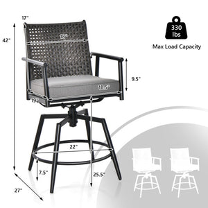 360 Degree Swivel Bar Stool Set of 2 with Metal Frame and PE Rattan Backrest-Black