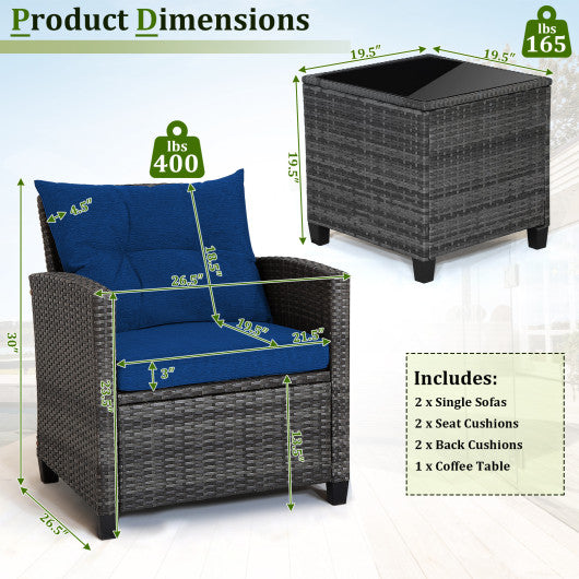 3 Pieces Outdoor Wicker Conversation Set with Tempered Glass Tabletop-Navy