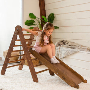 2in1 Montessori Climbing Frame Set: Triangle Ladder + Slide Board/Ramp – Chocolate