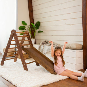 2in1 Montessori Climbing Frame Set: Triangle Ladder + Slide Board/Ramp – Chocolate