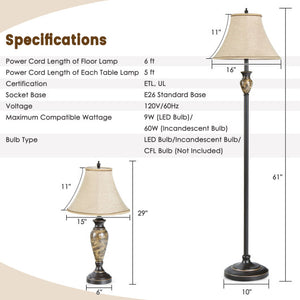 3-Piece Table and Floor Lamp Set with Linen Fabric Lamp Shades