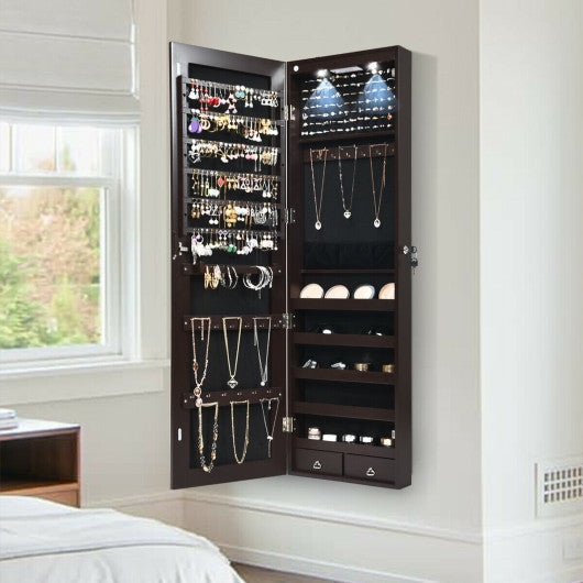 Wall and Door Mounted Mirrored Jewelry Cabinet with Lights-Brown