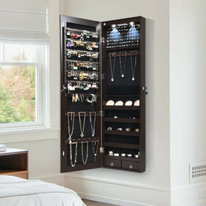 Wall and Door Mounted Mirrored Jewelry Cabinet with Lights-Brown