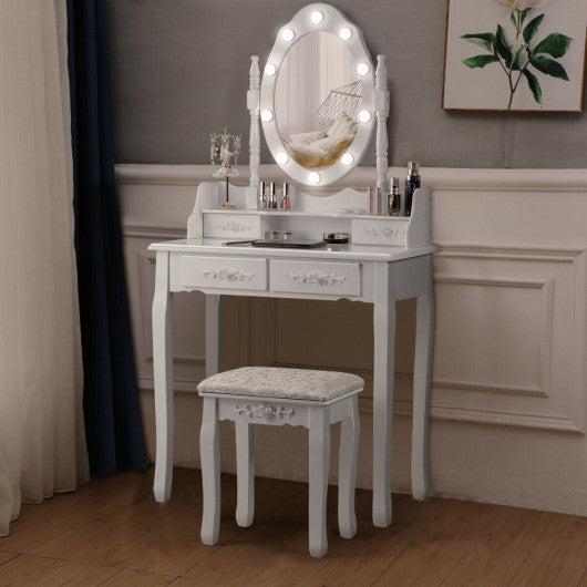 Makeup Vanity Dressing Table Set with Dimmable Bulbs Cushioned Stool-White