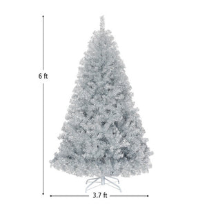 6 Feet Hinged Unlit Artificial Silver Tinsel Christmas Tree with Metal Stand