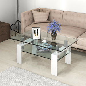 Rectangle Glass Coffee Table with Metal Legs for Living Room-White