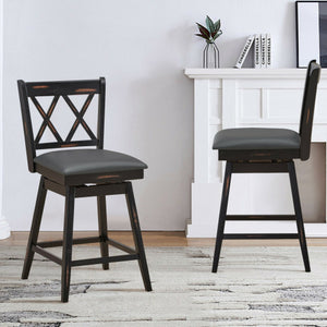 2 Pieces 24 Inch Swivel Counter Height Barstool Set with Rubber Wood Legs-Black