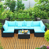 7-Piece Outdoor Sectional Wicker Patio Sofa Set with Tempered Glass Top-Blue