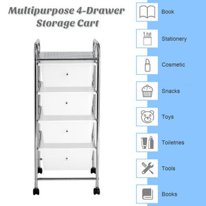 4-Drawer Cart Storage Bin Organizer Rolling with Plastic Drawers-White