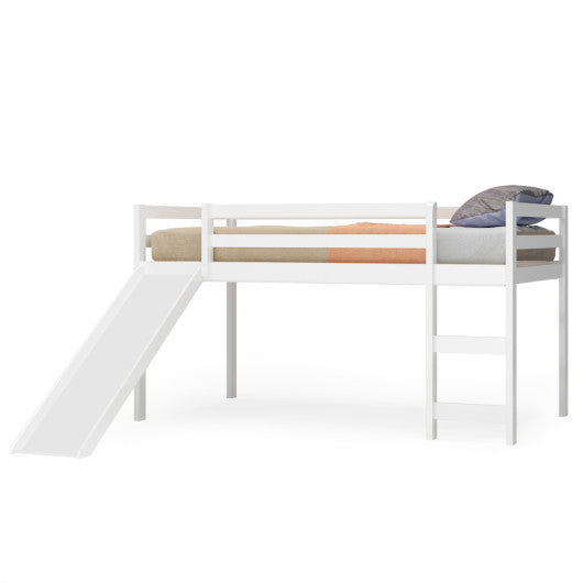 Twin Size Low Sturdy Loft Bed with Slide Wood-White