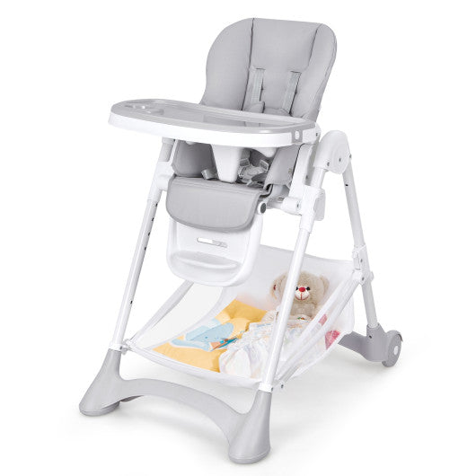 Baby Convertible Folding Adjustable High Chair with Wheel Tray Storage Basket -Gray