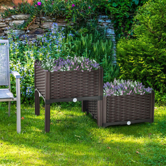 2 Set Elevated Plastic Raised Garden Bed Planter Kit for Flower Vegetable Grow-Brown