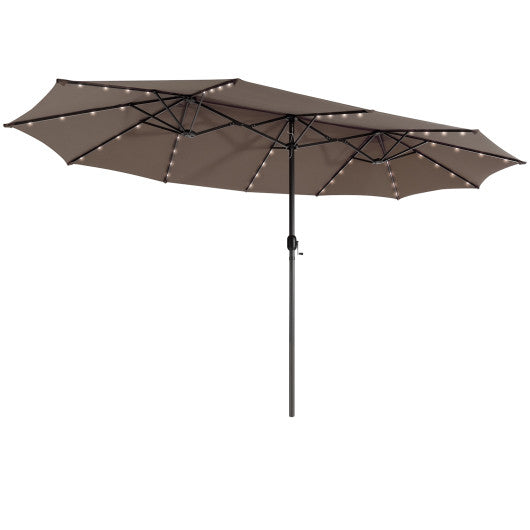 15 Feet Twin Patio Umbrella with 48 Solar LED Lights-Light Brown