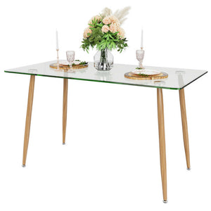 Modern Glass Rectangular Dining Table with Metal Legs-Natural