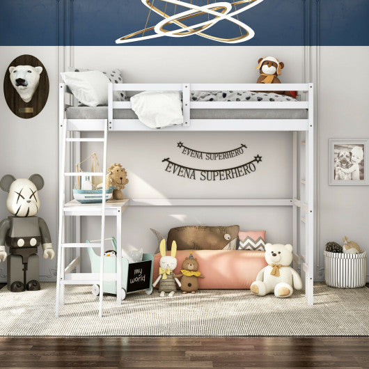 Twin Size Loft Bed Frame with Desk Angled and Built-in Ladder-White