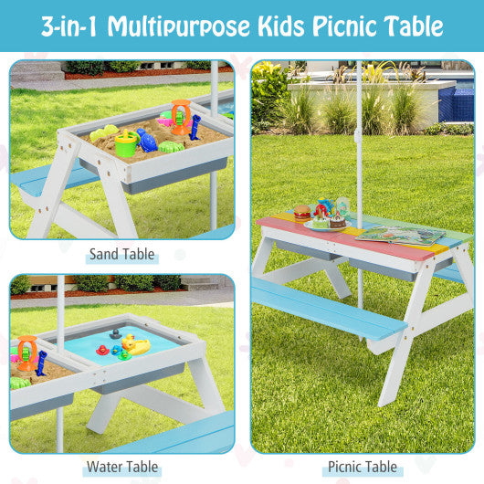 3-in-1 Kids Outdoor Picnic Water Sand Table with Umbrella Play Boxes-Blue