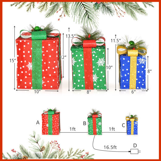 3 PCS Christmas Lighted Gift Boxes Set Decoration with 52 Pre-lit LED Lights