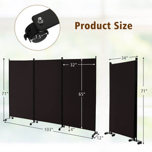 3 Panel Folding Room Divider with Lockable Wheels-Brown