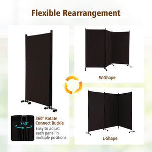 3 Panel Folding Room Divider with Lockable Wheels-Brown