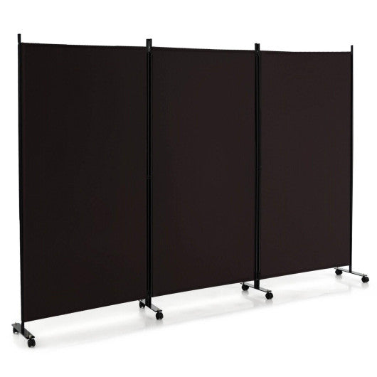 3 Panel Folding Room Divider with Lockable Wheels-Brown