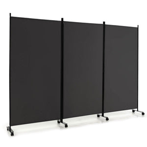 3 Panel Folding Room Divider with Lockable Wheels-Gray