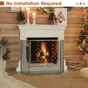3-Panel Metal Foldable Fireplace Screen with Metal Mesh-Bronze
