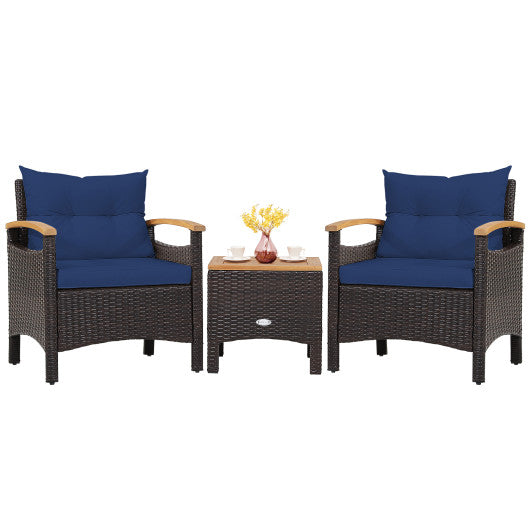 3 Pieces Patio Rattan Furniture Set with Removable Cushion-Navy
