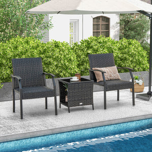 3 Piece Patio Wicker Chair Set with Quick-drying Cushions