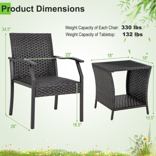 3 Piece Patio Wicker Chair Set with Quick-drying Cushions
