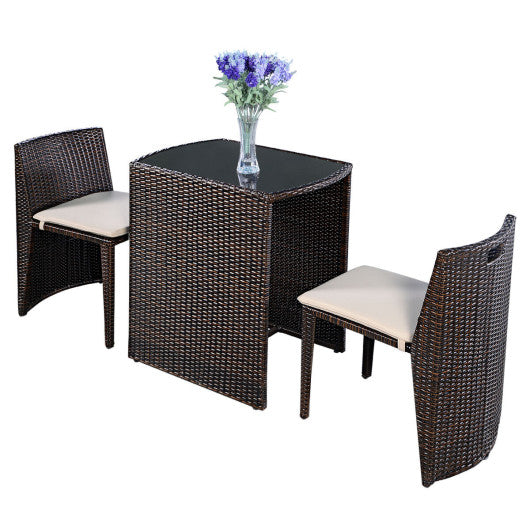 3 Pieces Cushioned Wicker Patio Bistro Set with No Assembly Needed