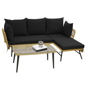 3 Pieces L-Shaped Patio Sofa with Cushions and Tempered Glass Table-Black