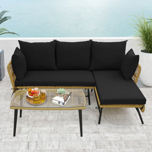 3 Pieces L-Shaped Patio Sofa with Cushions and Tempered Glass Table-Black