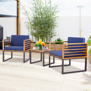 3 Pieces Patio Acacia Wood Conversation Set with Cushioned Armchairs-Navy