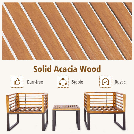 3 Pieces Patio Acacia Wood Conversation Set with Cushioned Armchairs-Navy