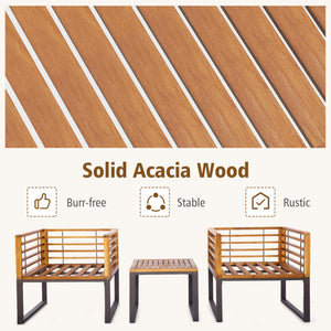 3 Pieces Patio Acacia Wood Conversation Set with Cushioned Armchairs-Navy