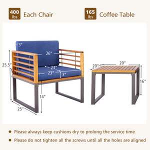 3 Pieces Patio Acacia Wood Conversation Set with Cushioned Armchairs-Navy