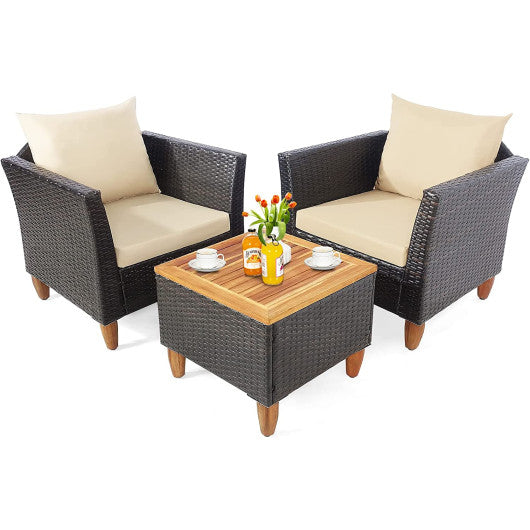 3 Pieces Patio Rattan Bistro Furniture Set with Wooden Table Top-Beige