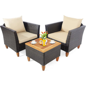 3 Pieces Patio Rattan Bistro Furniture Set with Wooden Table Top-Beige