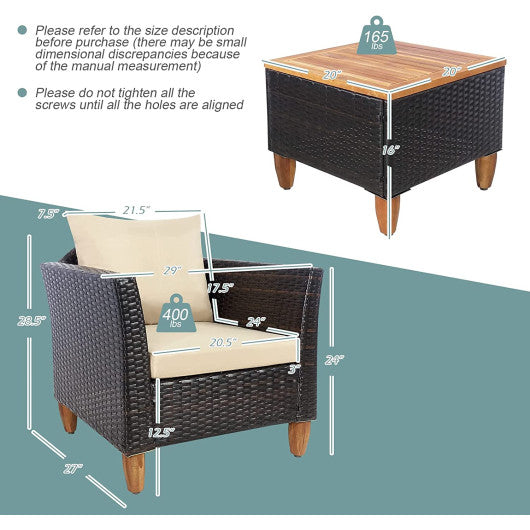 3 Pieces Patio Rattan Bistro Furniture Set with Wooden Table Top-Beige