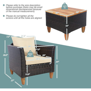 3 Pieces Patio Rattan Bistro Furniture Set with Wooden Table Top-Beige