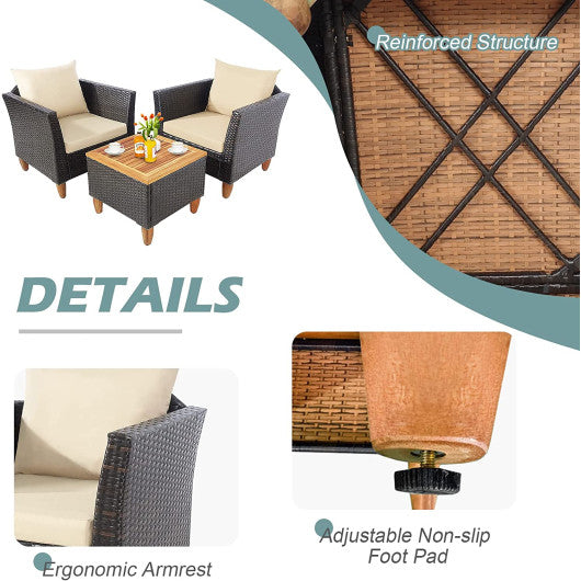 3 Pieces Patio Rattan Bistro Furniture Set with Wooden Table Top-Beige