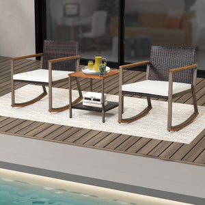 3 Pieces Rattan Rocking Bistro Set with Coffee Table and Cushions-Off White